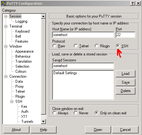 screenshot putty configuration